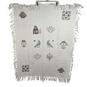 Vintage 1989 Hand Embroidered Sampler Throw Blanket Fringed Cream Folk Art 48x37